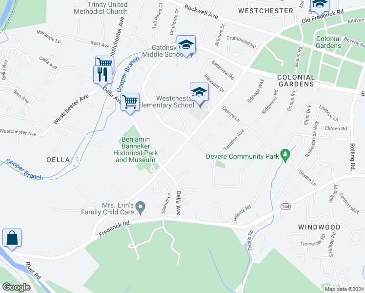 map of restaurants, bars, coffee shops, grocery stores, and more near 2409 Old Frederick Road in Catonsville