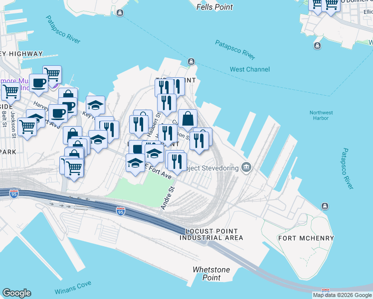 map of restaurants, bars, coffee shops, grocery stores, and more near 1336 Andre Street in Baltimore