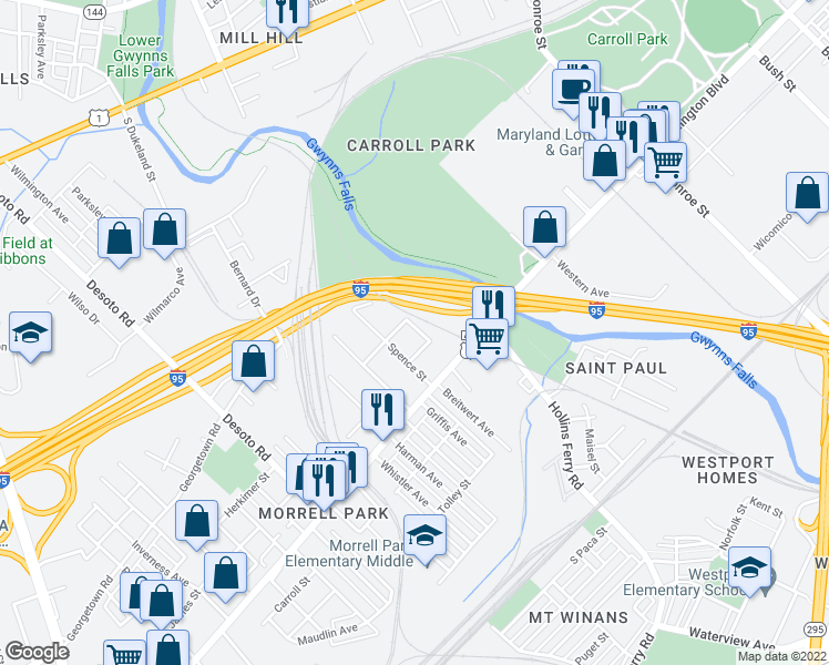 map of restaurants, bars, coffee shops, grocery stores, and more near 1708 Monterey Street in Baltimore