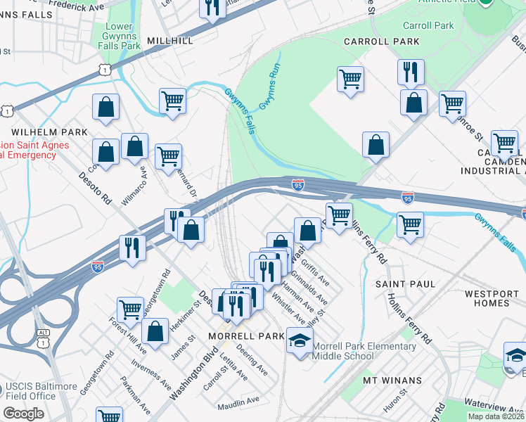 map of restaurants, bars, coffee shops, grocery stores, and more near 1620 Spence Street in Baltimore