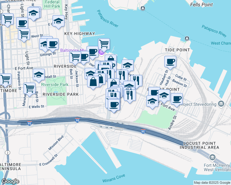 map of restaurants, bars, coffee shops, grocery stores, and more near McHenry Row in Baltimore