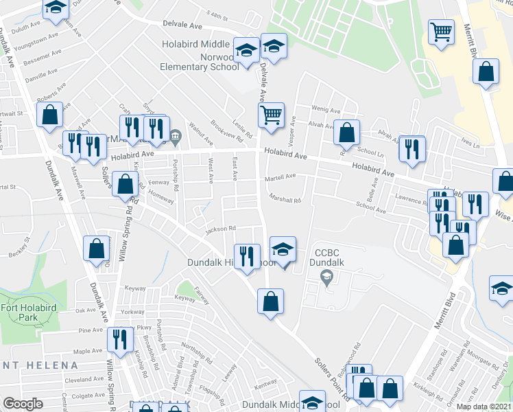 map of restaurants, bars, coffee shops, grocery stores, and more near 1900 Delvale Avenue in Dundalk