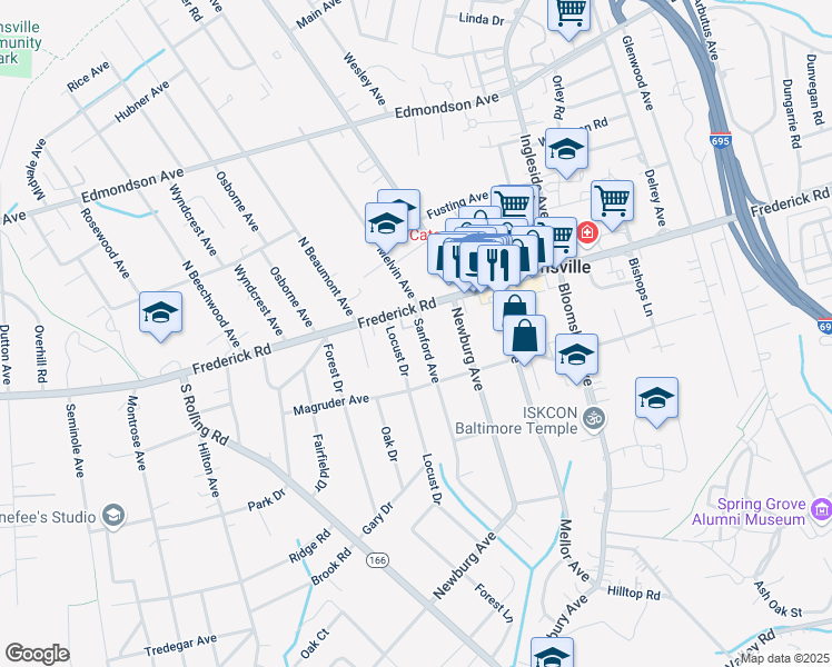 map of restaurants, bars, coffee shops, grocery stores, and more near 4 Sanford Avenue in Catonsville