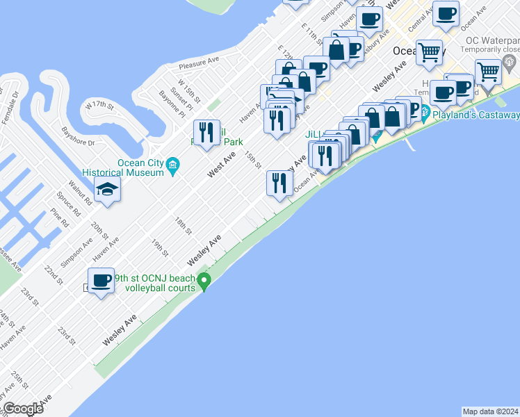 map of restaurants, bars, coffee shops, grocery stores, and more near 605 East 16th Street in Ocean City