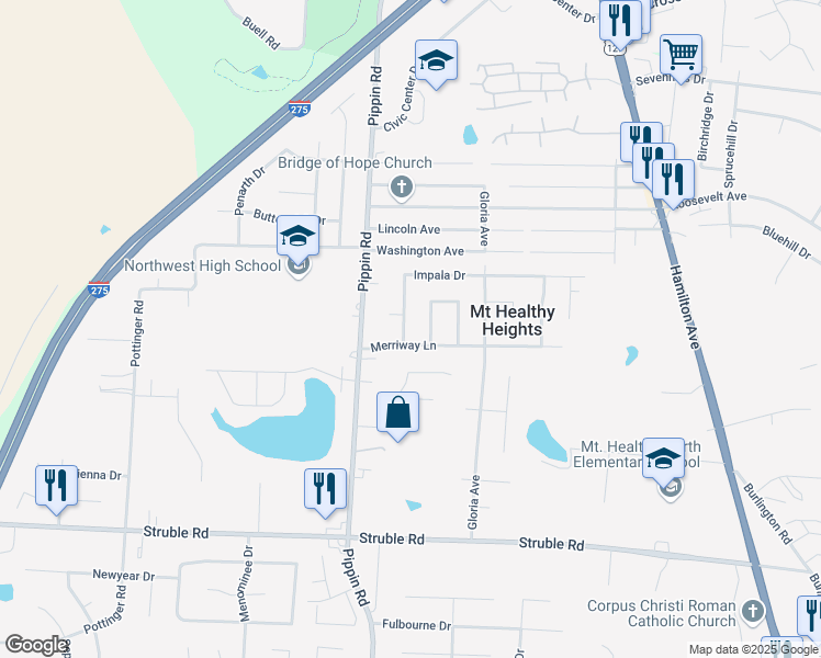 map of restaurants, bars, coffee shops, grocery stores, and more near 2685 Impala Drive in Cincinnati