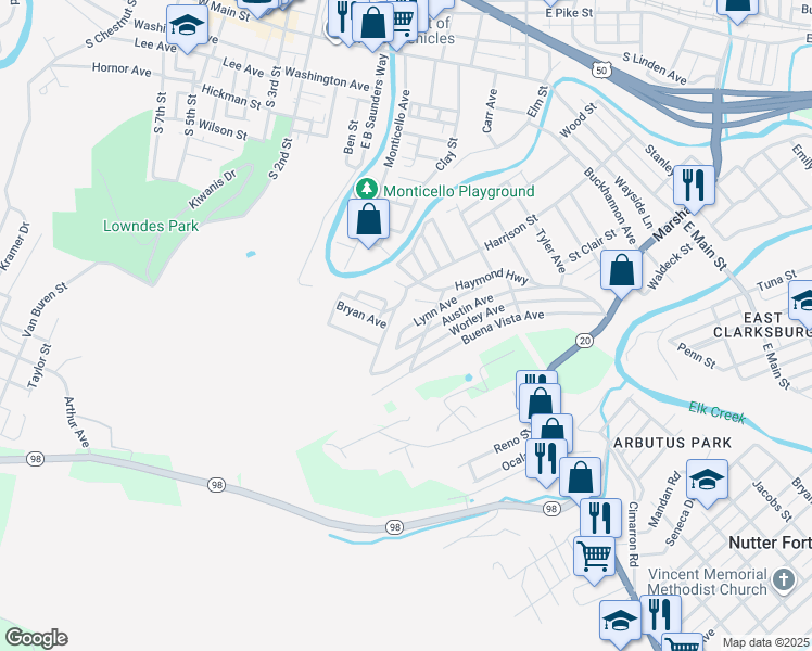 map of restaurants, bars, coffee shops, grocery stores, and more near 118 Lynn Avenue in Clarksburg
