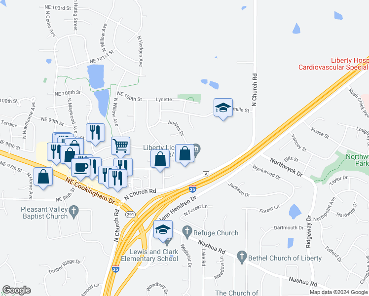 map of restaurants, bars, coffee shops, grocery stores, and more near 1399 La Chateau Drive in Liberty