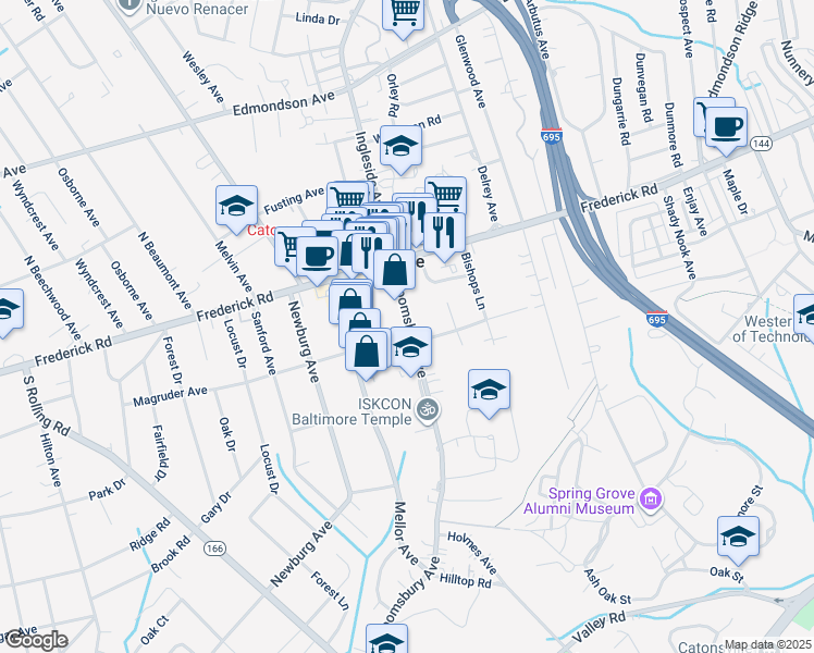 map of restaurants, bars, coffee shops, grocery stores, and more near 42 Bloomsbury Avenue in Catonsville