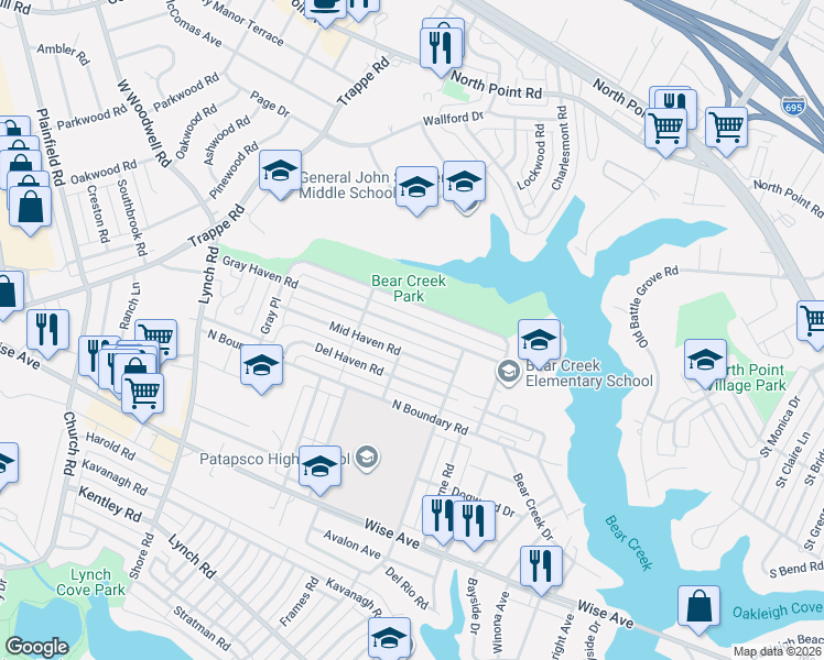 map of restaurants, bars, coffee shops, grocery stores, and more near 8147 Gray Haven Road in Dundalk