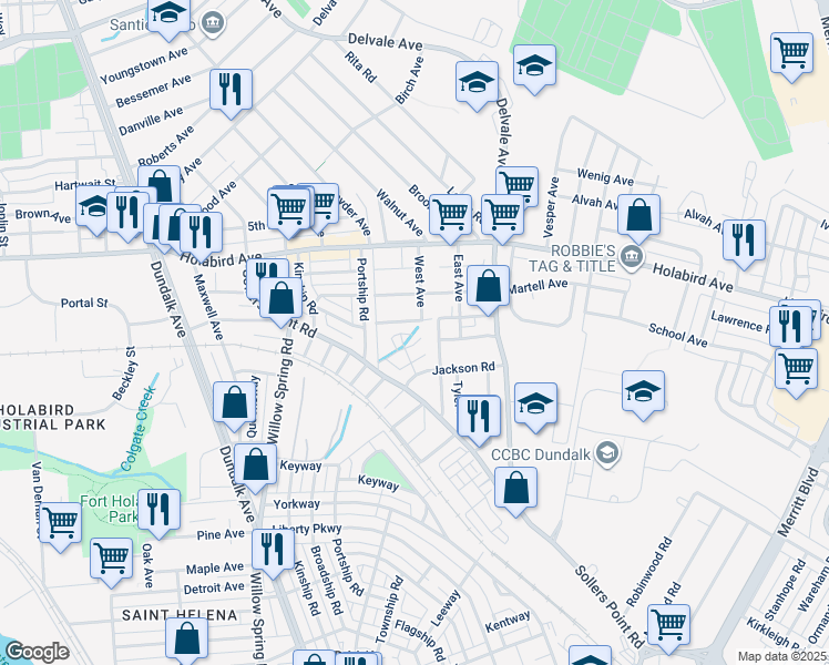 map of restaurants, bars, coffee shops, grocery stores, and more near 107 Highshire Court in Dundalk