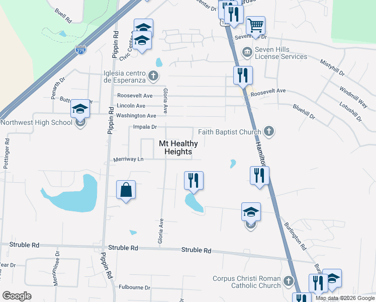 map of restaurants, bars, coffee shops, grocery stores, and more near 10717 Valiant Drive in Cincinnati