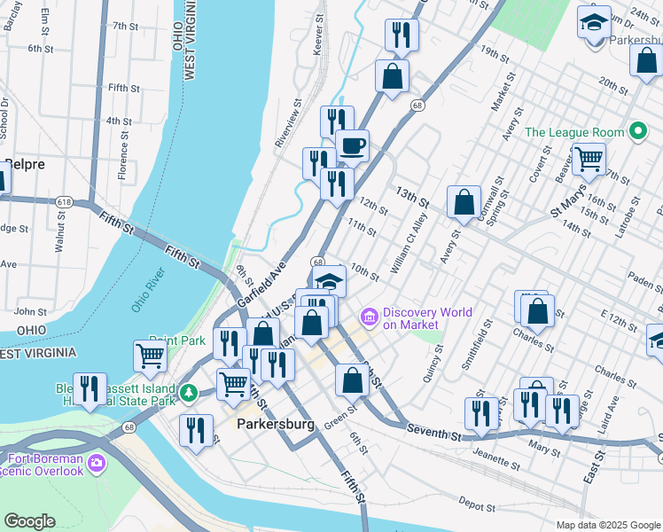 map of restaurants, bars, coffee shops, grocery stores, and more near 907 Ann Street in Parkersburg