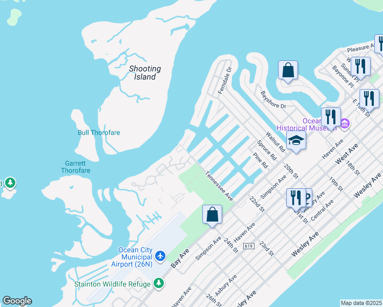 map of restaurants, bars, coffee shops, grocery stores, and more near 22 Marshall Lane in Ocean City