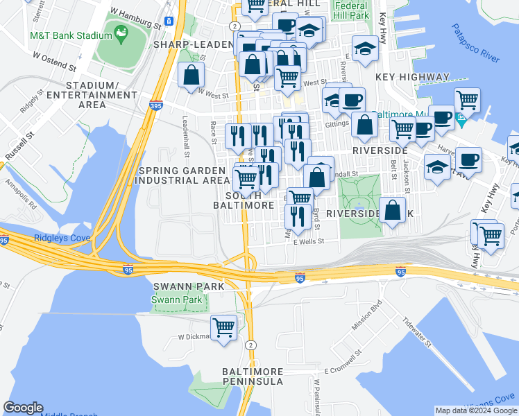 map of restaurants, bars, coffee shops, grocery stores, and more near 1714 South Charles Street in Baltimore