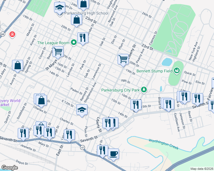 map of restaurants, bars, coffee shops, grocery stores, and more near 1304 16th Street in Parkersburg