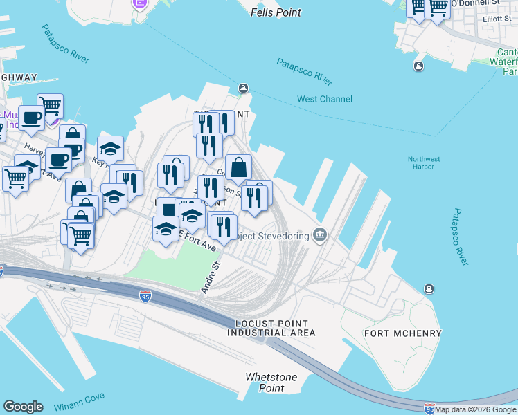 map of restaurants, bars, coffee shops, grocery stores, and more near 1200 Steuart Street in Baltimore
