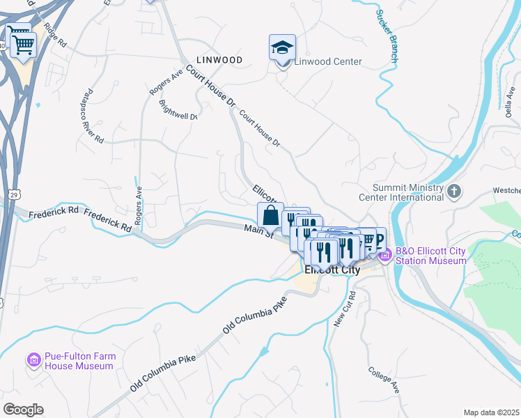 map of restaurants, bars, coffee shops, grocery stores, and more near 3670 Milltowne Drive in Ellicott City