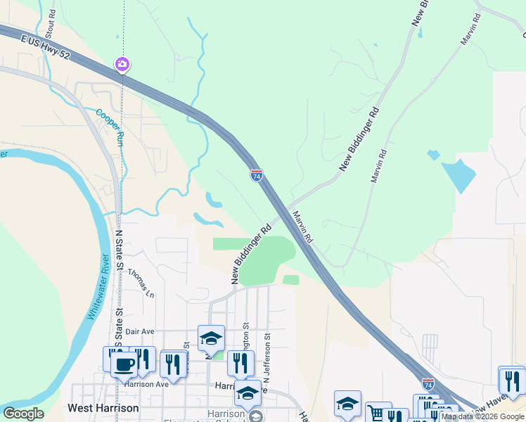 map of restaurants, bars, coffee shops, grocery stores, and more near 10419 New Biddinger Road in Harrison