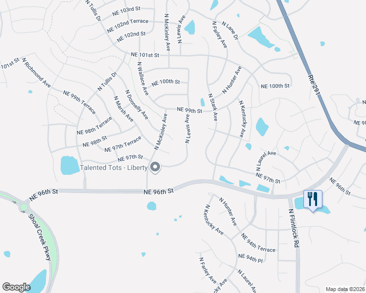 map of restaurants, bars, coffee shops, grocery stores, and more near 9763 North Lewis Avenue in Kansas City