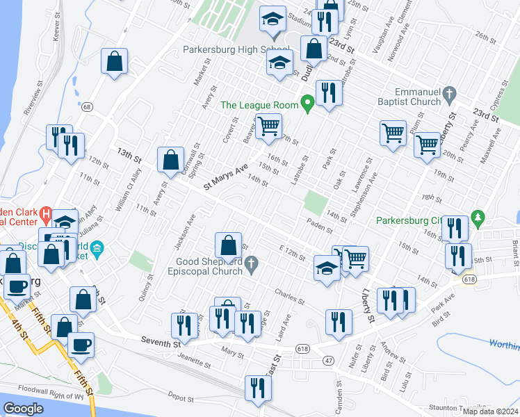 map of restaurants, bars, coffee shops, grocery stores, and more near 1316 Lynn Street in Parkersburg