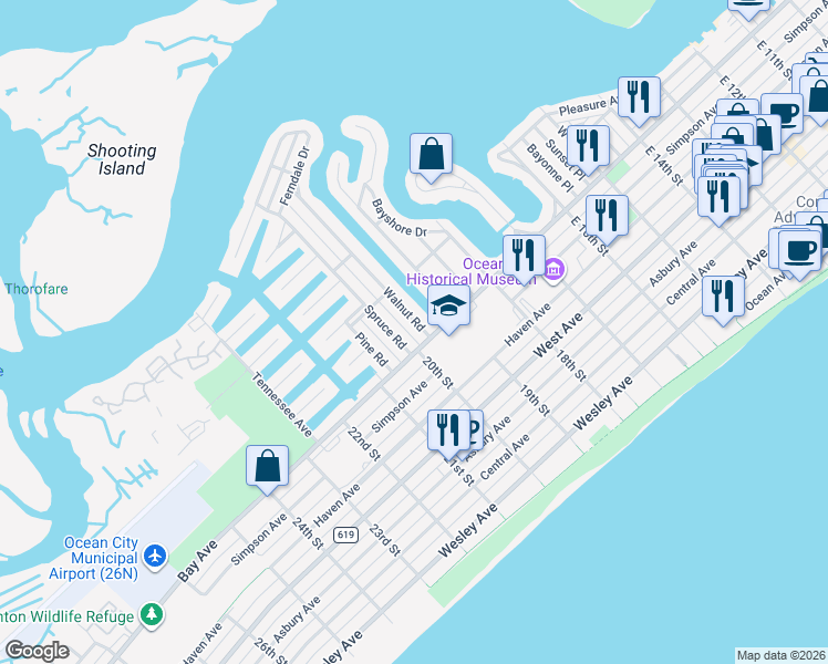 map of restaurants, bars, coffee shops, grocery stores, and more near 2 Walnut Road in Ocean City