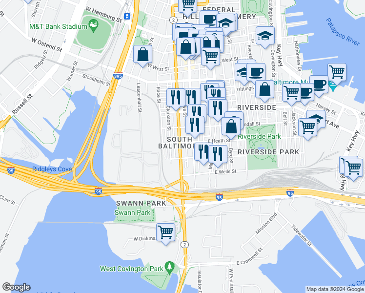 map of restaurants, bars, coffee shops, grocery stores, and more near 1711 South Hanover Street in Baltimore