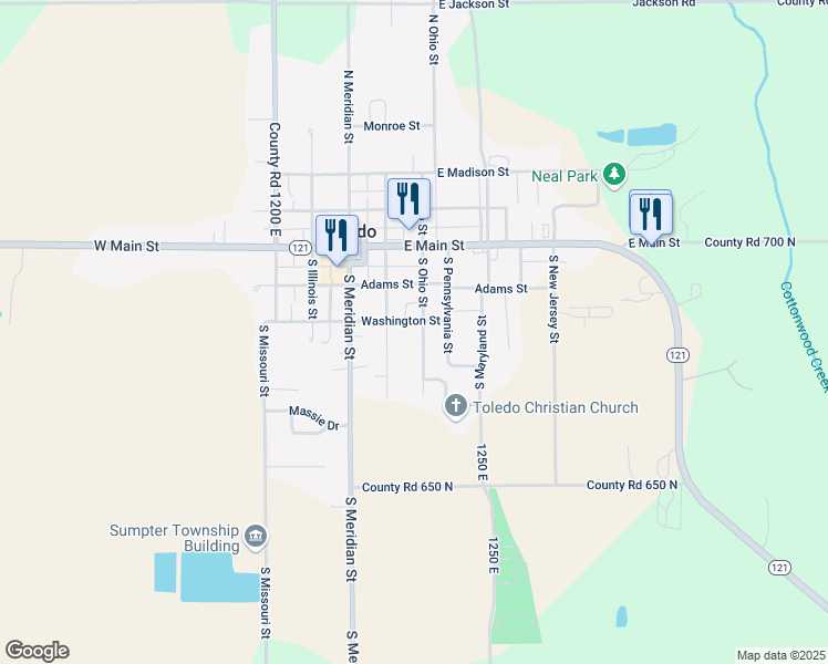 map of restaurants, bars, coffee shops, grocery stores, and more near 301 South Ohio Street in Toledo