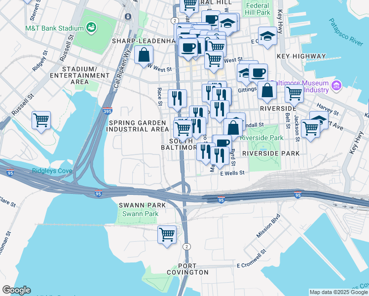 map of restaurants, bars, coffee shops, grocery stores, and more near 1711 South Hanover Street in Baltimore