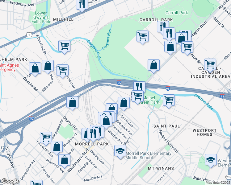 map of restaurants, bars, coffee shops, grocery stores, and more near 2303 Herkimer Street in Baltimore