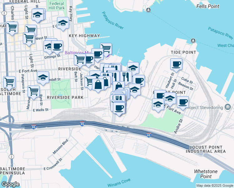 map of restaurants, bars, coffee shops, grocery stores, and more near McHenry Row in Baltimore
