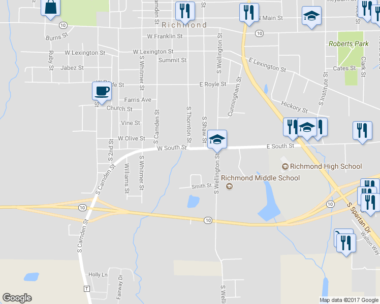 map of restaurants, bars, coffee shops, grocery stores, and more near 111 East South Street in Richmond