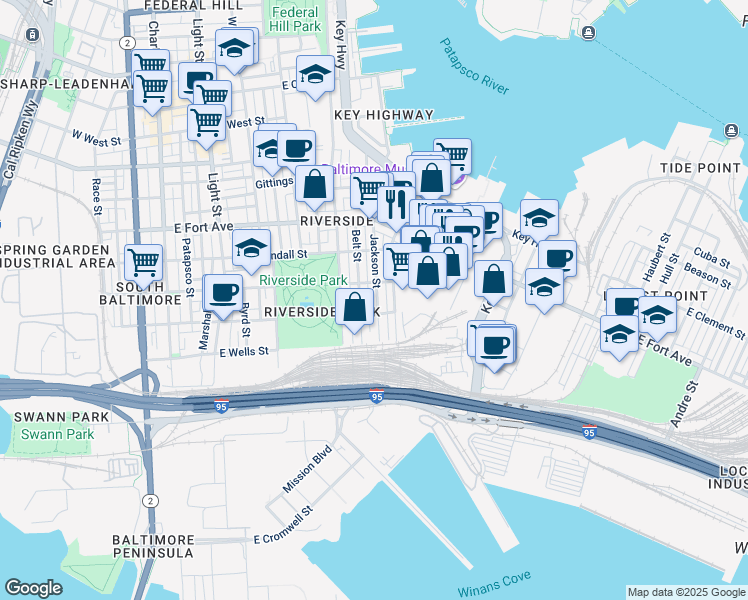 map of restaurants, bars, coffee shops, grocery stores, and more near 1728 Jackson Street in Baltimore