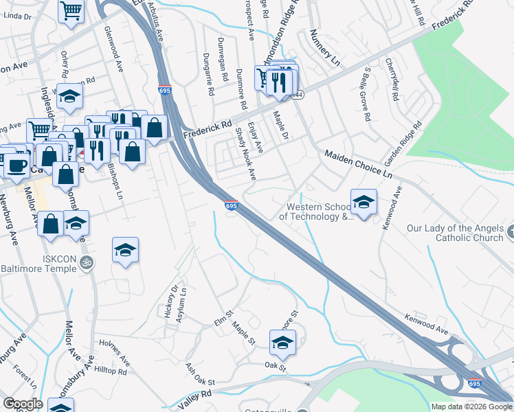 map of restaurants, bars, coffee shops, grocery stores, and more near 315 South Paradise Avenue in Catonsville