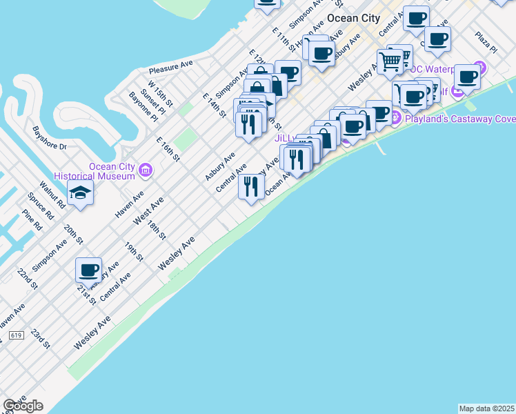 map of restaurants, bars, coffee shops, grocery stores, and more near 1500 Boardwalk in Ocean City