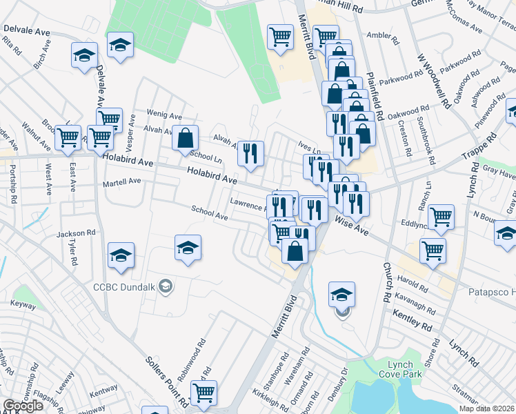 map of restaurants, bars, coffee shops, grocery stores, and more near Lawrence Road in Dundalk