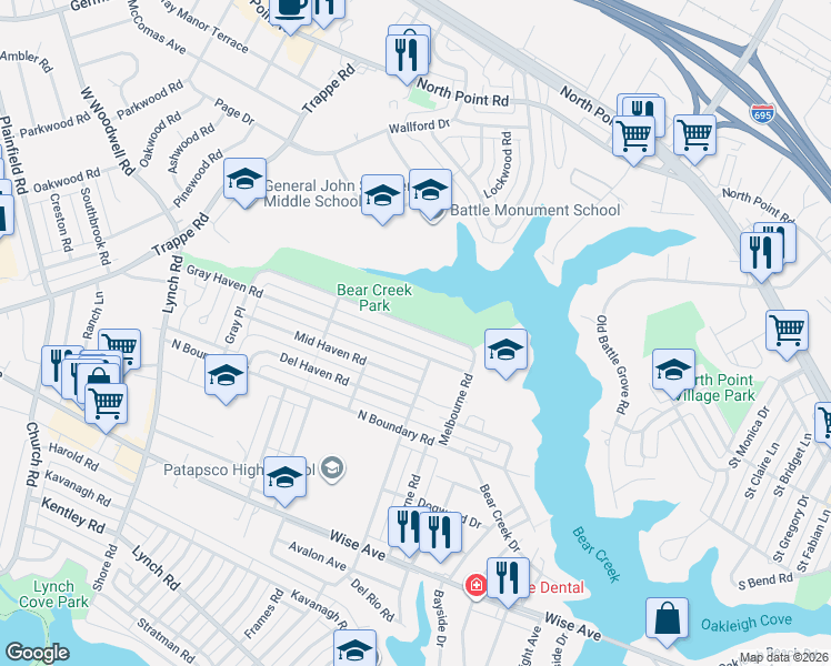 map of restaurants, bars, coffee shops, grocery stores, and more near 8181 Park Haven Road in Dundalk