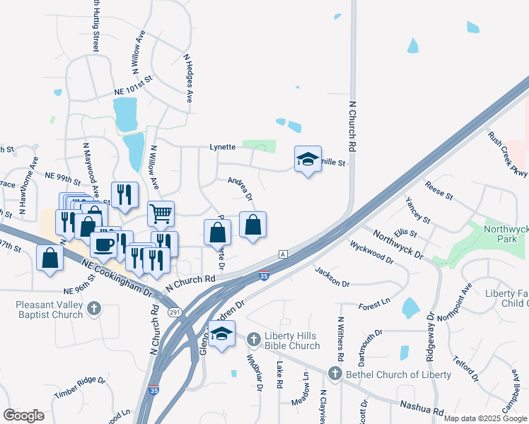 map of restaurants, bars, coffee shops, grocery stores, and more near 1300 La Chateau Drive in Liberty
