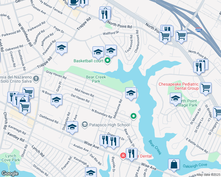 map of restaurants, bars, coffee shops, grocery stores, and more near 8219 Park Haven Road in Dundalk