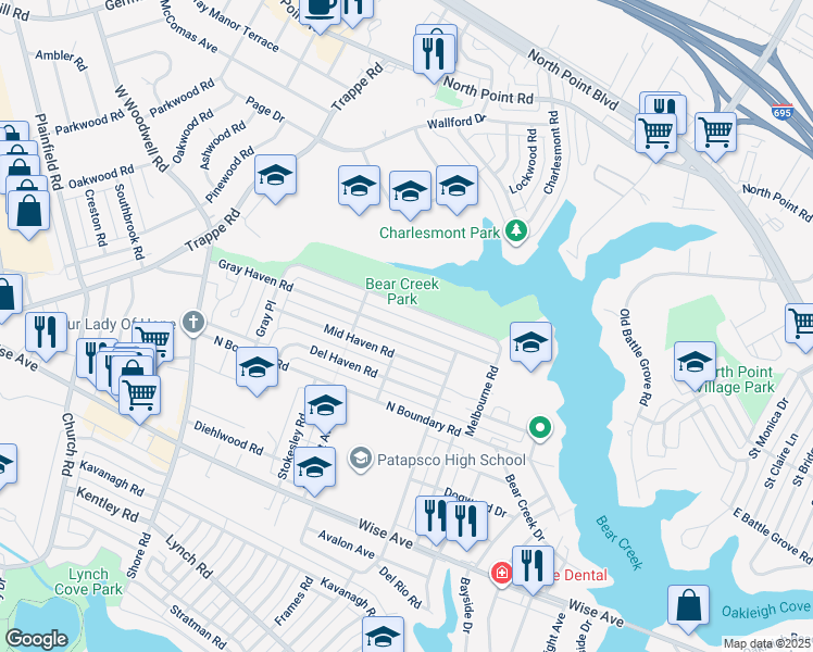 map of restaurants, bars, coffee shops, grocery stores, and more near 8146 Gray Haven Road in Dundalk
