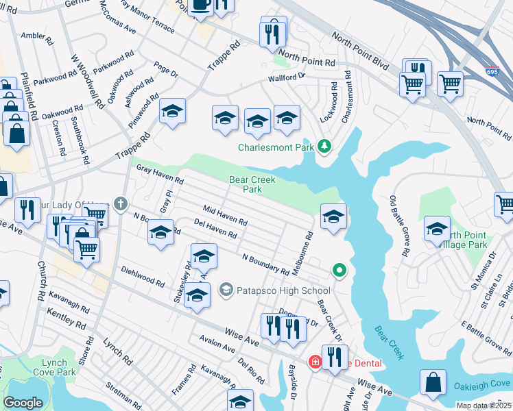 map of restaurants, bars, coffee shops, grocery stores, and more near 8146 Gray Haven Road in Dundalk