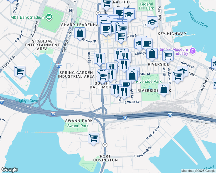 map of restaurants, bars, coffee shops, grocery stores, and more near 1704 South Charles Street in Baltimore