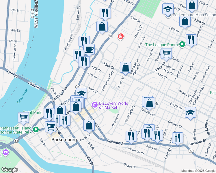 map of restaurants, bars, coffee shops, grocery stores, and more near 1050 Market Street in Parkersburg