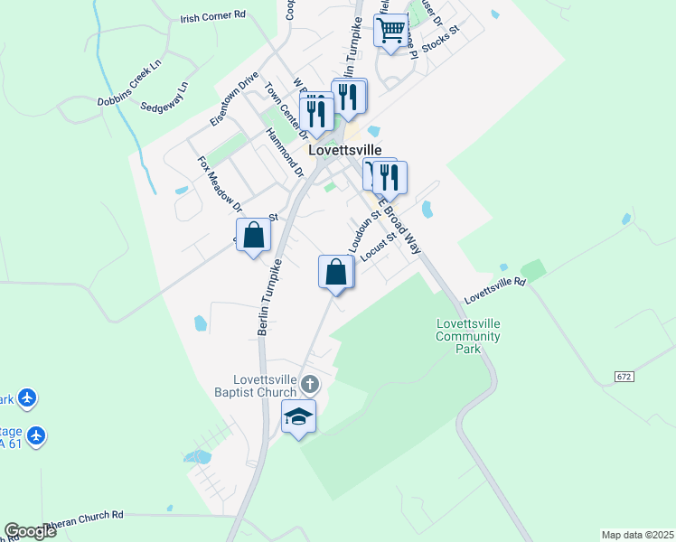 map of restaurants, bars, coffee shops, grocery stores, and more near 22 South Loudoun Street in Lovettsville