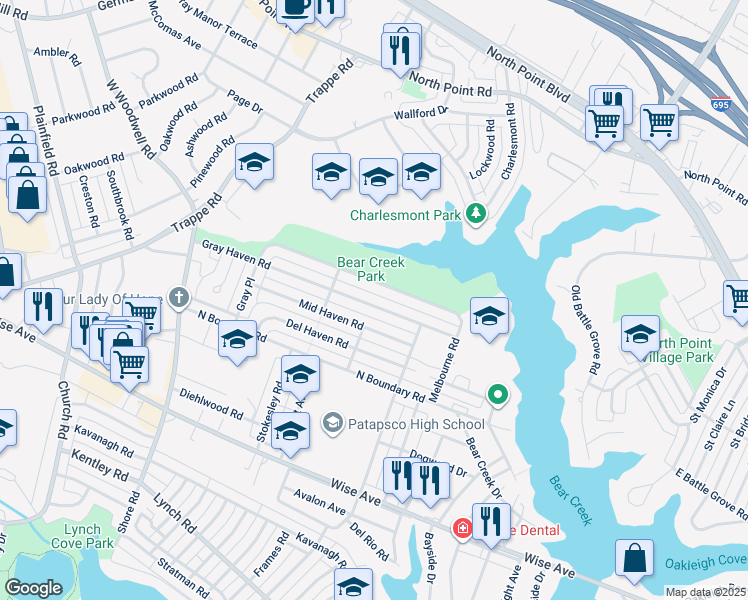 map of restaurants, bars, coffee shops, grocery stores, and more near 8144 Gray Haven Road in Dundalk