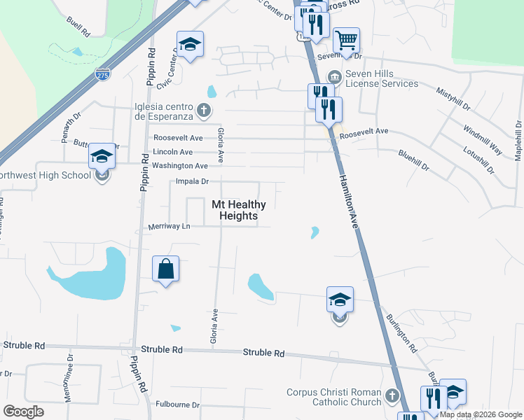 map of restaurants, bars, coffee shops, grocery stores, and more near 10728 Valiant Drive in Cincinnati