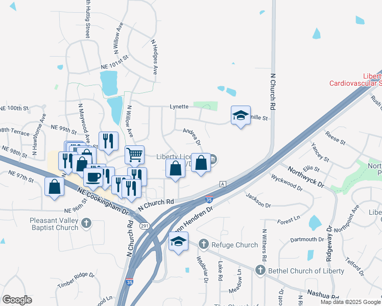 map of restaurants, bars, coffee shops, grocery stores, and more near 1412 La Chateau Drive in Liberty