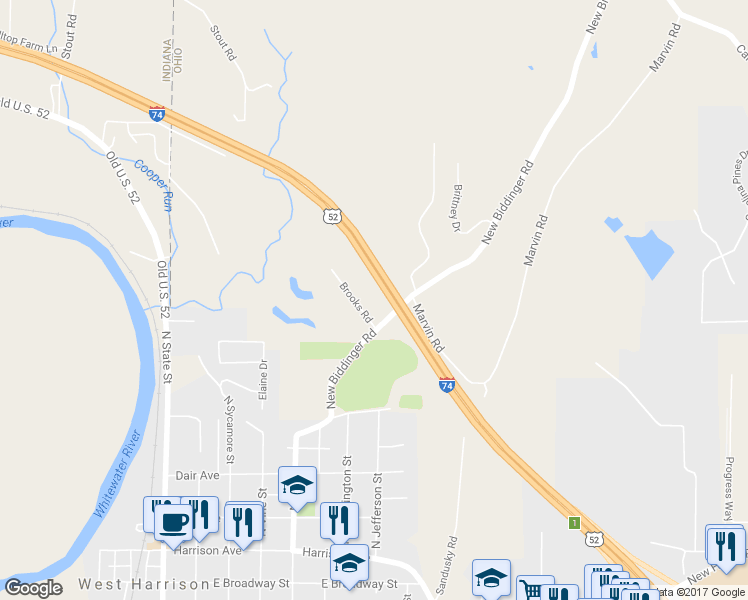 map of restaurants, bars, coffee shops, grocery stores, and more near 10419 New Biddinger Road in Harrison