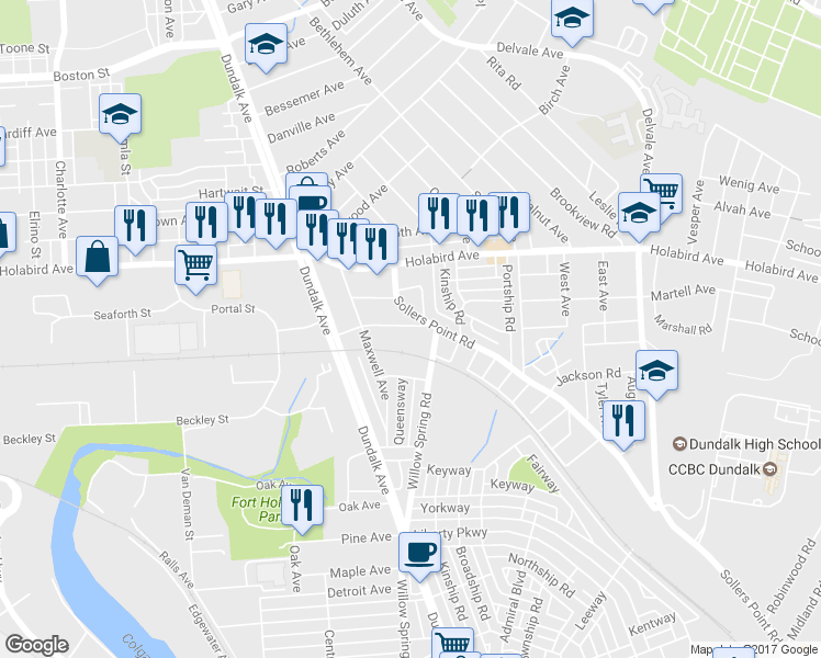 map of restaurants, bars, coffee shops, grocery stores, and more near 115 Williams Avenue in Dundalk