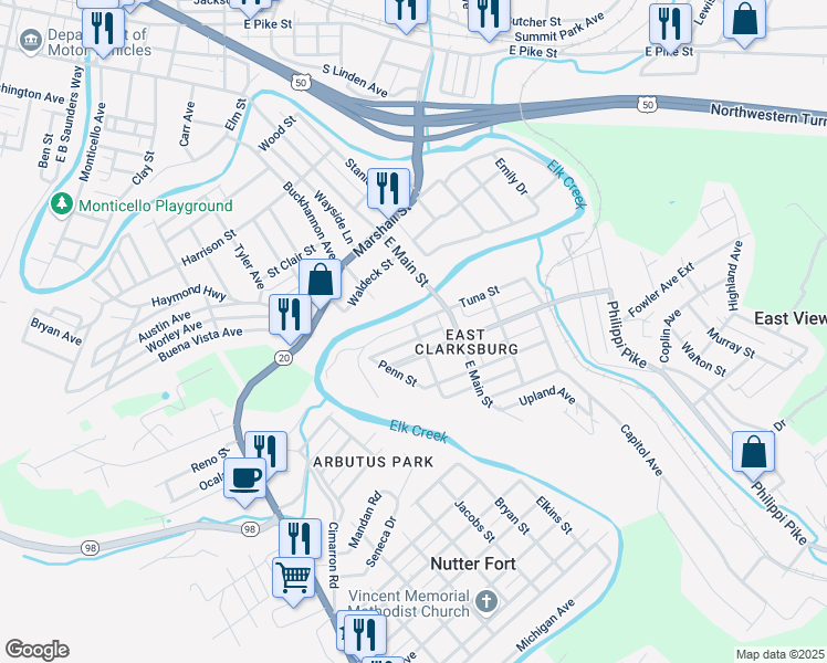 map of restaurants, bars, coffee shops, grocery stores, and more near 75 Broadway St in Clarksburg
