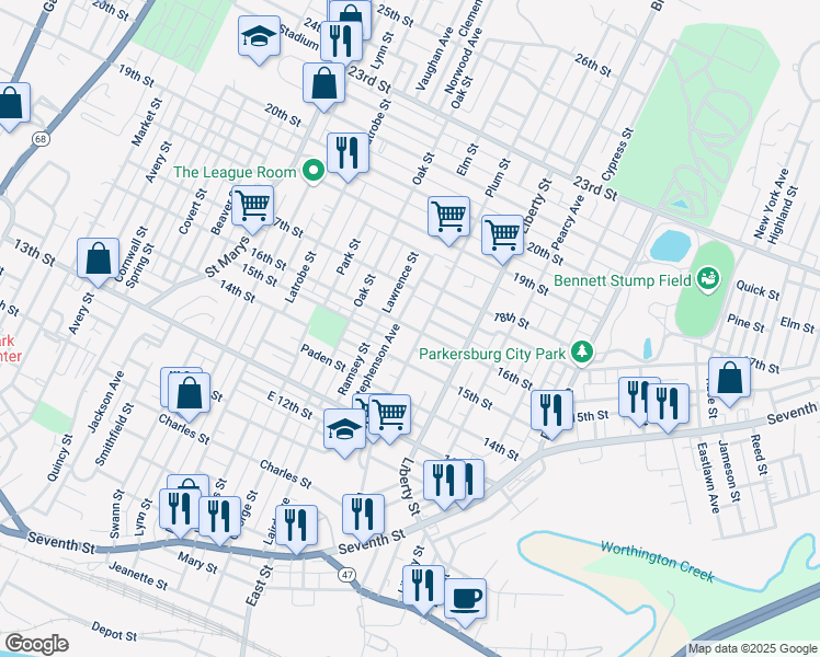 map of restaurants, bars, coffee shops, grocery stores, and more near 1504 Stephenson Ave in Parkersburg